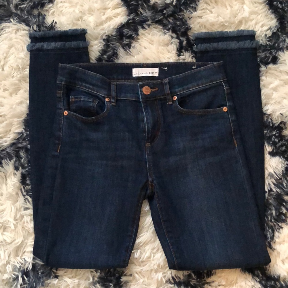 Loft fringe hem skinny jeans medium/dark wash
